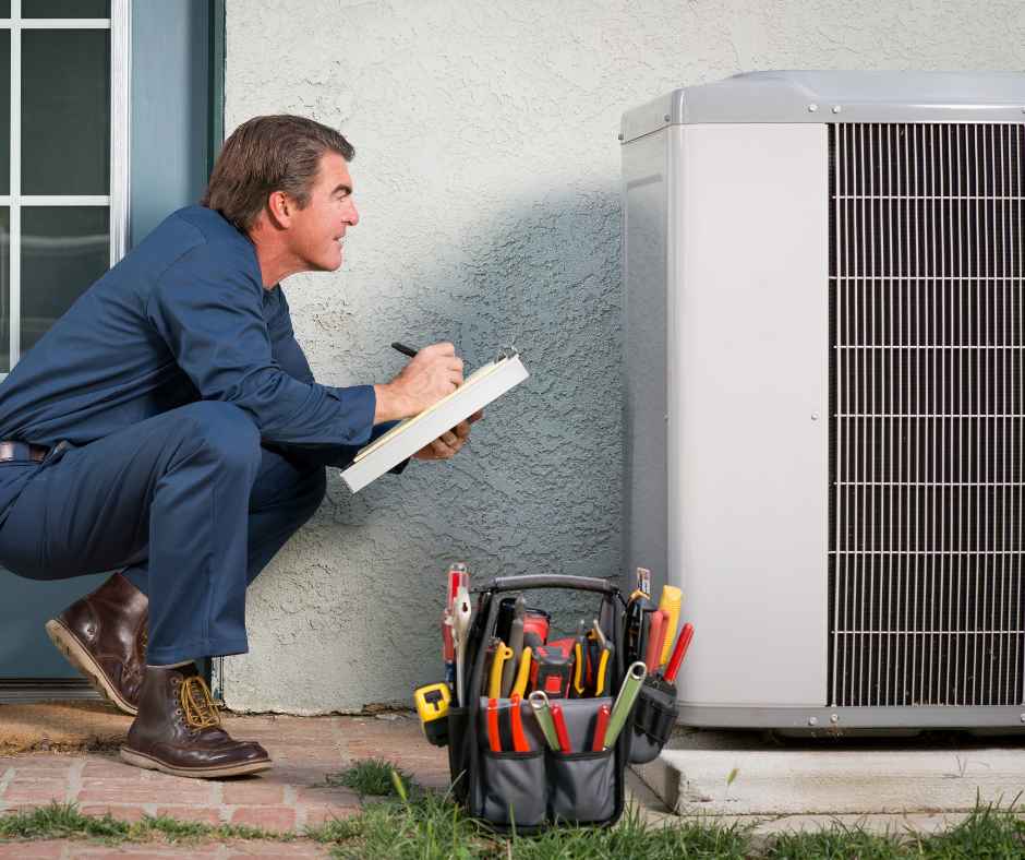 A technician looking at an air conditioner